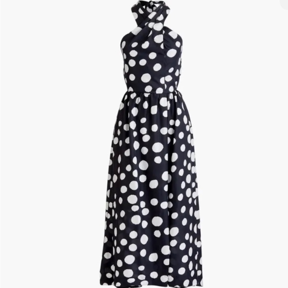 NWT J Crew Maxi Silk Sarong Dress Size 2 black with white polka dots